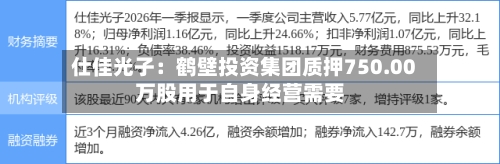 仕佳光子:鹤壁投资集团质押750.00万股用于自身经营需要